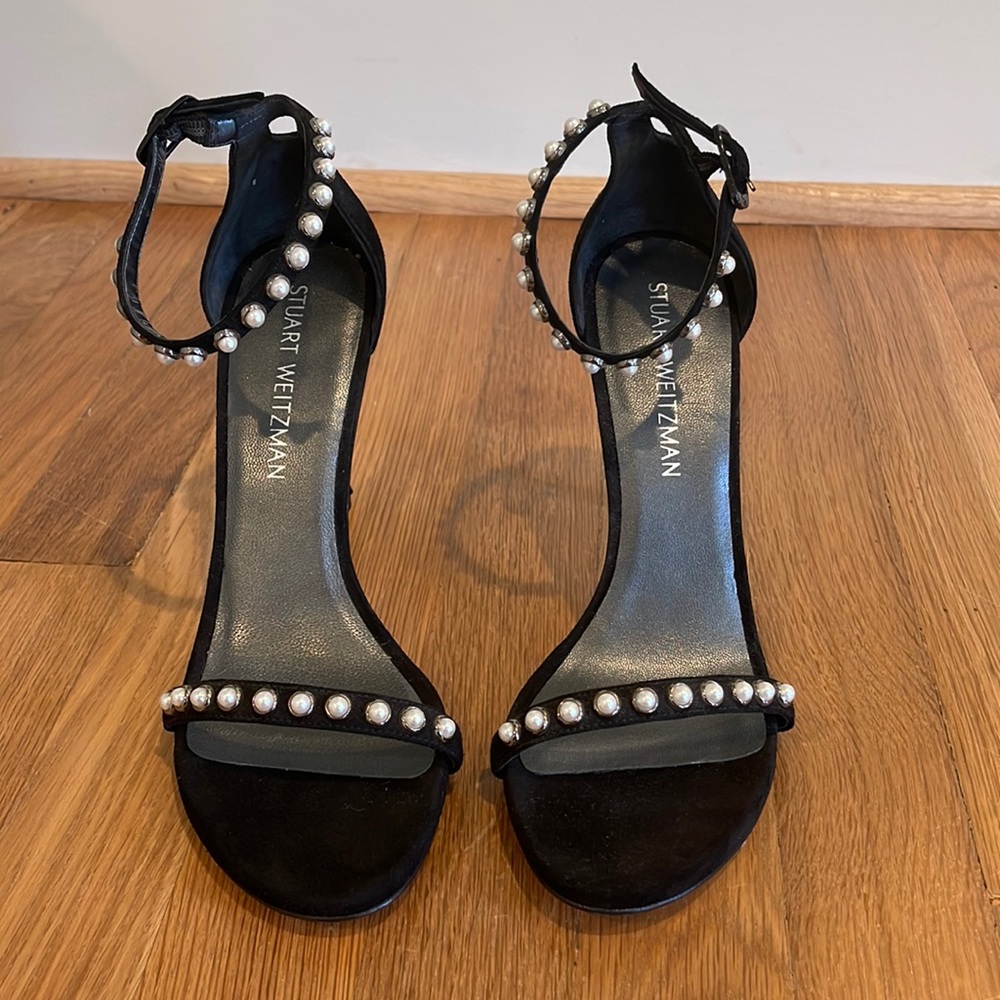 Stuart Weitzman Nudist Pearl black suede heels